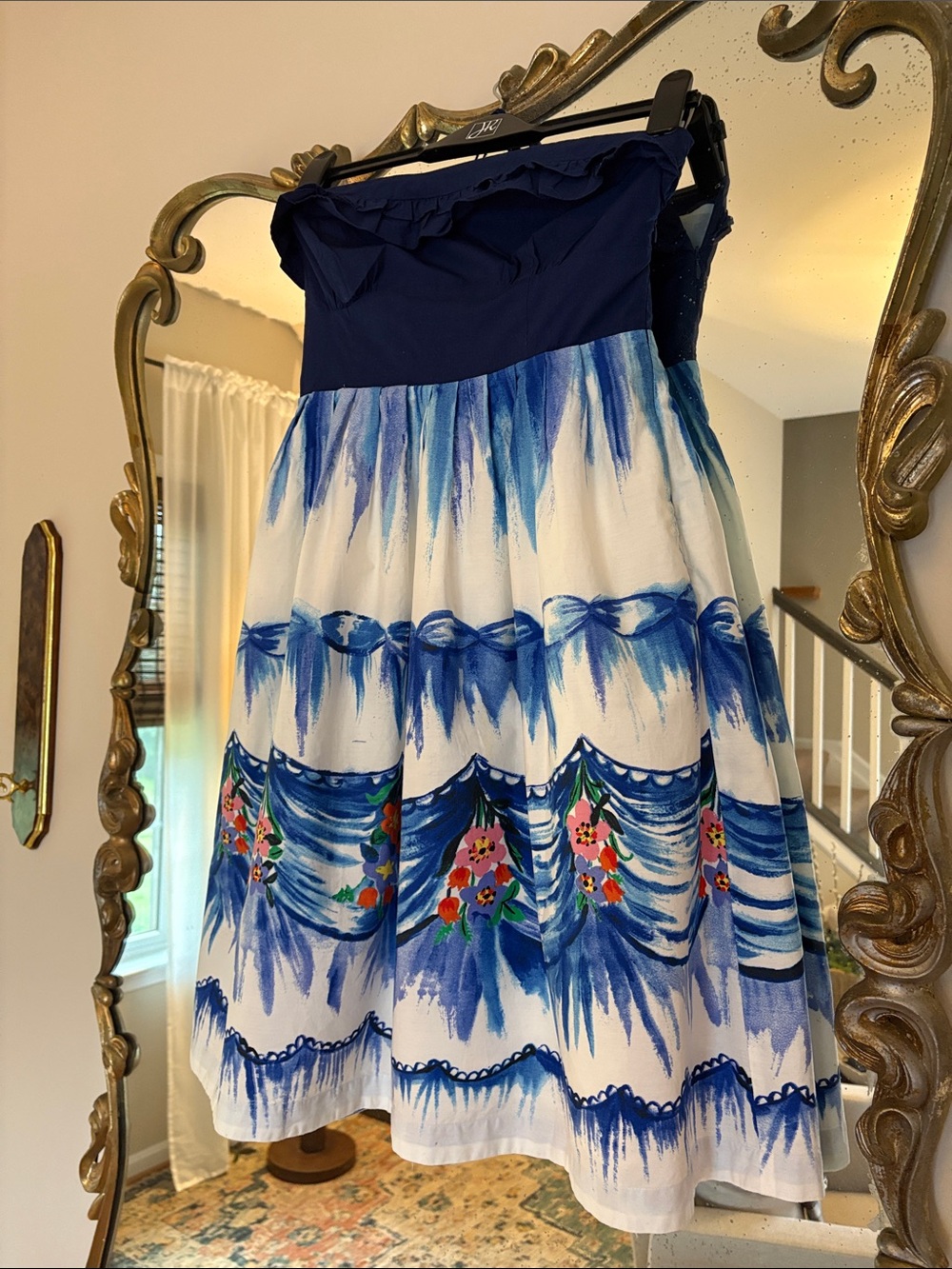 Nathalie Lete Paris at Anthropologie Navy, White and Blue Floral Strapless Dress
